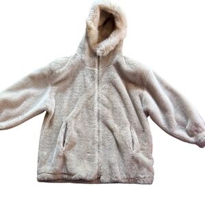 Gallery Faux Fur Hooded Jacket Beige Cream Full Zip Coat Womens Size 8